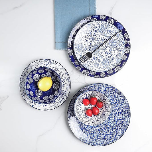 Selamica Ceramic Dinnerware Sets, 24 Pieces Dishes Set for 8, Embossed Plates and Bowls Sets for Holiday Celebrations, Dishwasher & Microwave Safe, Dark Blue