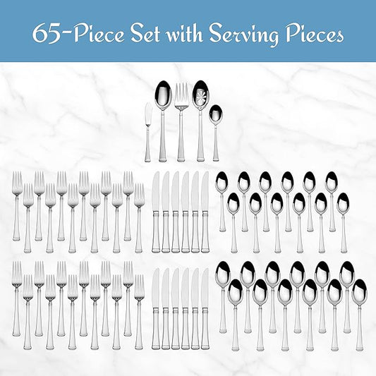 Mikasa Harmony 65-Piece Flatware Set for 12, 18/10 Stainless Steel Silverware with Forks, Knives, Spoons, and Serving Utensils, Elegant Design