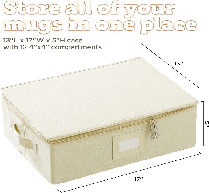 storageLAB Cup & Mug Storage Case | Hard Shell Felt Dividers | Cream | Hard shell case holds 12 cups or mugs in 4x4 felt compartments. Stackable, top-load, dual handles. Cream linen finish.