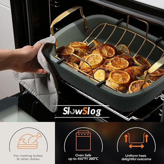Nonstick Roasting Pan, 17 Inch x 13 Inch Large Roaster Pan with Removable Rack, Roaster for Roasting Turkey, Meat & Vegetables (Green)