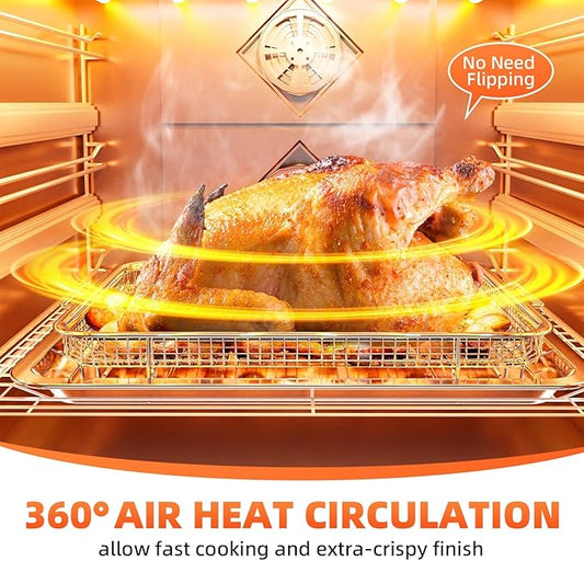 Air Fryer Tray for Oven, Oven Air Fryer Basket and Tray with Cooking Guide and 30 PCS Parchment Papers, DEGOVIN Crisper Non-stick Stainless Steel Air Fry Pan for Convection Oven(15.8" × 11")