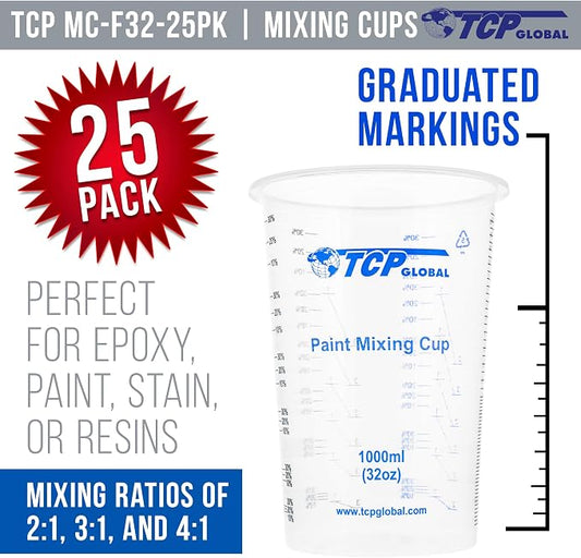 TCP Global 32 oz. (1000ml) Graduated Plastic Mixing Cups (Box of 25) - Disposable Plastic Measuring Cups for Liquids, Paints, Resin, Epoxy, Art, Kitchen - Ratios 2-1, 3-1, 4-1 ML
