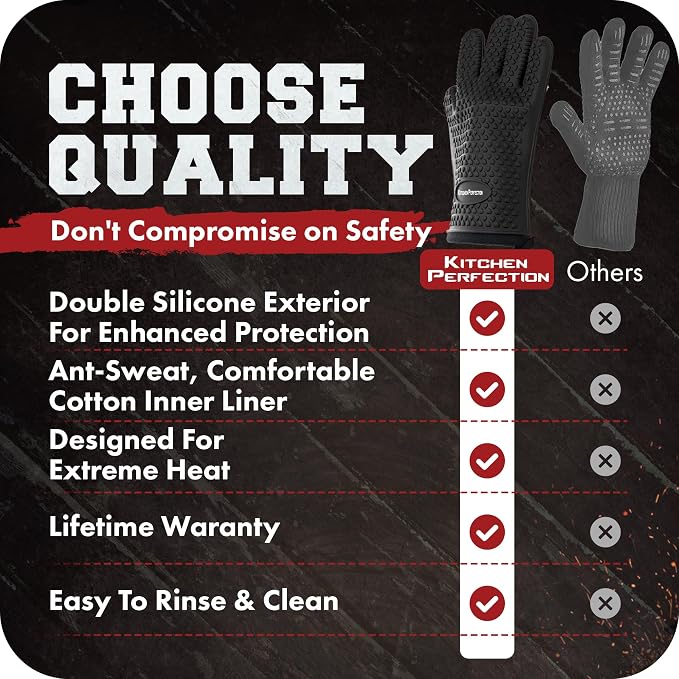 KITCHEN PERFECTION Silicone Smoker Oven Gloves -Extreme Heat Resistant BBQ Gloves -Handle Hot Food Right on Your Smoker Grill Fryer Pit|Waterproof Oven Mitts Grill Gloves |Superior Value Set+3 Bonuses | Waterproof, 5-Finger Design For A Better Grip, fo...