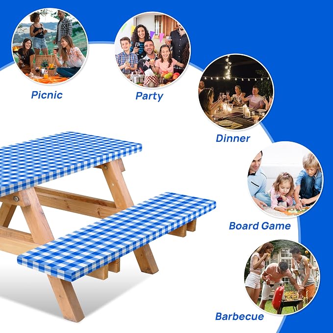 Vinyl Fitted Picnic Table Cover with Bench Covers & Bag 8ft Blue Checkered | Vinyl Fitted Picnic Table Cover with Bench Covers and Bag, Outdoor Waterproof Windproof Picnic Tablecloth with Elastic Edges.