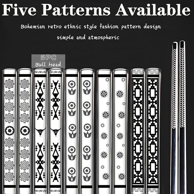 Metal Chopsticks Reusable 5 Pairs 18/8 Stainless Steel,Gift Box Set Silvery | Dishwasher Safe,Non-Slip,Square Lightweight,Boho Style