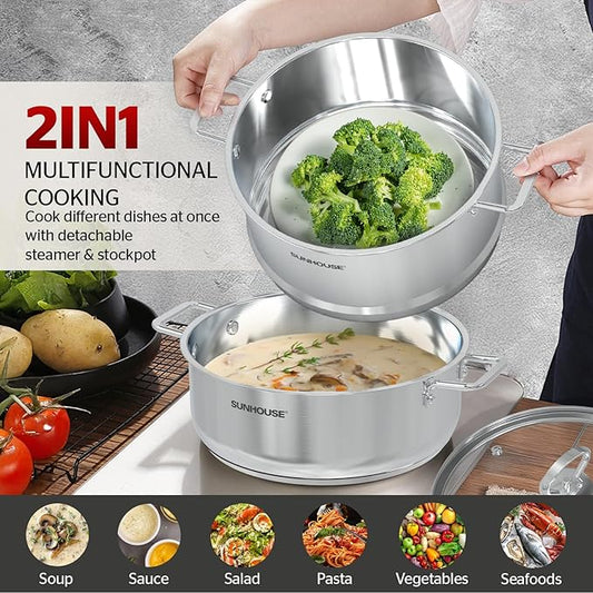 SUNHOUSE 2-Tier Stainless Steel Steamer Pot with Lid - Larger 5.5 QT Steamer & 3.8 QT Stockpot Base - Induction Ready, Compatible with All Cooktops - Multipurpose for Vegetables & Dumplings