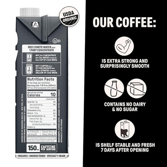 Wandering Bear Organic Unsweetened Extra Strong Cold Brew in a Box - Make Your Own Iced Coffee Drink with Wandering Bear Black Concentrate, Shelf-Stable - 21 Servings - 32 fl.oz