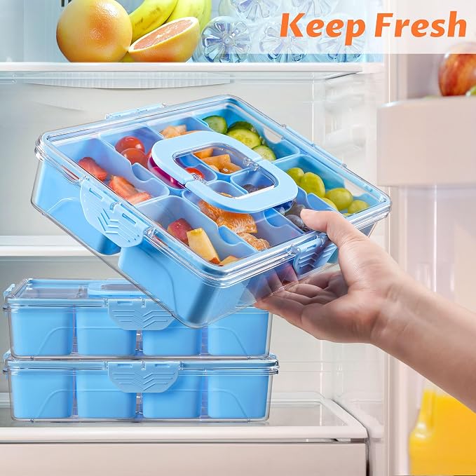 Snackle Box Container Dishwasher Safe Divided Serving Tray with Lid Handle | Charcuterie Board for Portable Snack Platters, Organizer for Fruits Snacks, Perfect for Road Travel - Light Blue