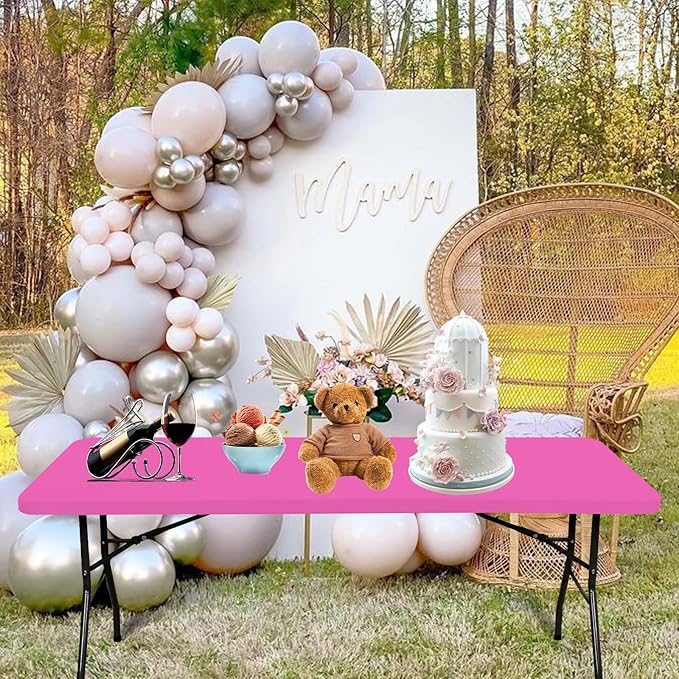 10 Pack Fitted Tablecloth for 8 Foot Rectangle Tables, Hot Pink Elastic Outdoor Picnic Table Cover, Washable Stretch Folding Table Cloths 8 ft for Camping Party Patio Kitchen Banquet, 30" W x 96" L