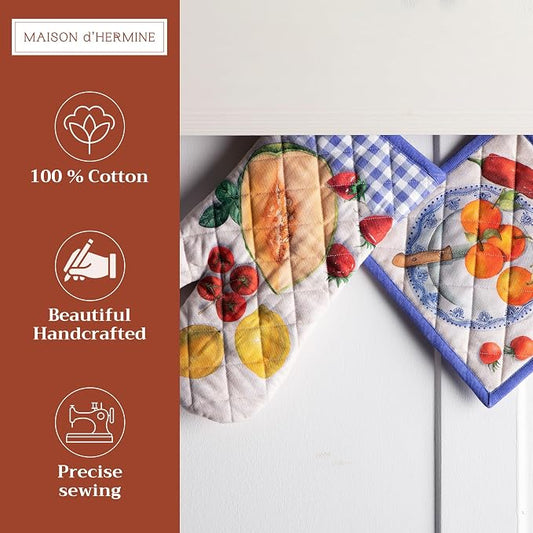 Maison d' Hermine 100% Cotton Oven Mitt & Pot Holder Set (7.5"x13" & 8"x8") | Heat Resistant BBQ Cooking Gloves with Loop Baking Grilling Kitchen Hotel Home Farmhouse Spring Summer - Gourmand