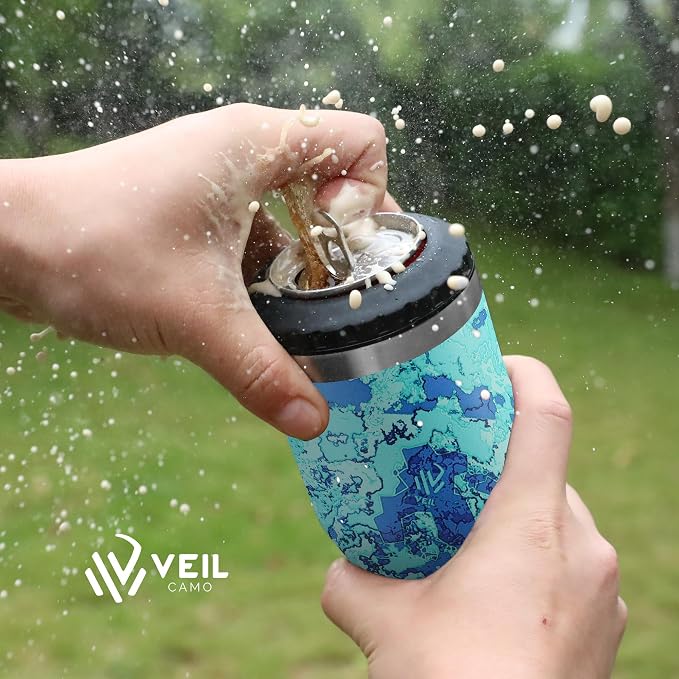 HAUSHOF 4-in-1 Insulated Can Cooler Fits 12oz Cans & Beer Bottle, Camo Blue | Double-Wall Vacuum Insulated, 18/8 Stainless Steel, BPA-Free Lid, Slim Can Cooler for Camping, Beach & Picnic