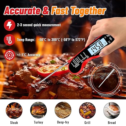 Meat Thermometer, IP67 Waterproof Digital Meat Thermometer with Backlight, Hold Function & Magnet for Grill, BBQ, Candy, Beef,Turkey,Gadgets Essentials BBQ Accessories,Mens Stocking Stuffers