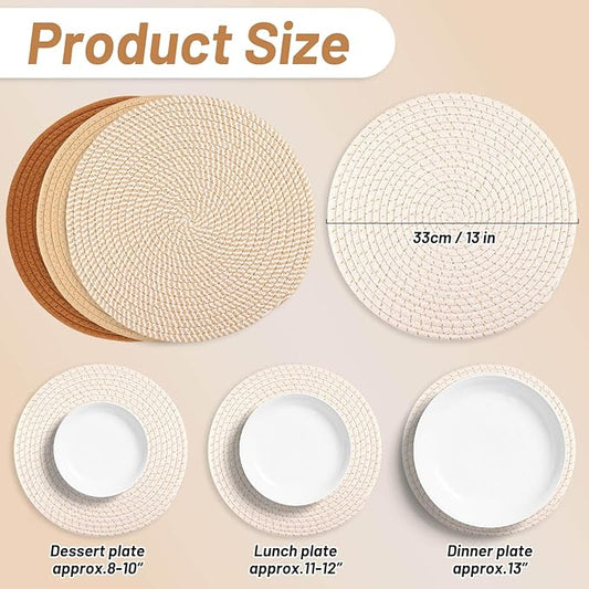 Billbotk Round Woven Placemats Set of 4, 13 Inches Kitchen Table Place Mats for Dining Table, Trivets for Hot Pots and Pans, Boho Table Setting Decor, Fall Decorations for Home