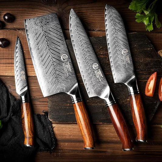 YARENH Knife Set with Magnetic Block 5 Piece, Professional Kitchen Knife Set, 73 Layers Damascus High Carbon Stainless Steel, Natural Sandalwood Handle, Sharp Chef Knife