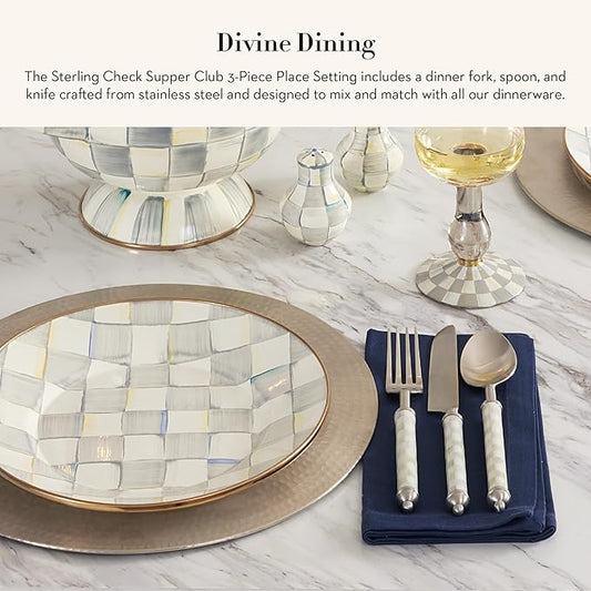 MACKENZIE-CHILDS Supper Club 3-Piece Place Setting, Fork, Spoon, and Knife Dinner Flatware Set, Gray-and-White Sterling Check
