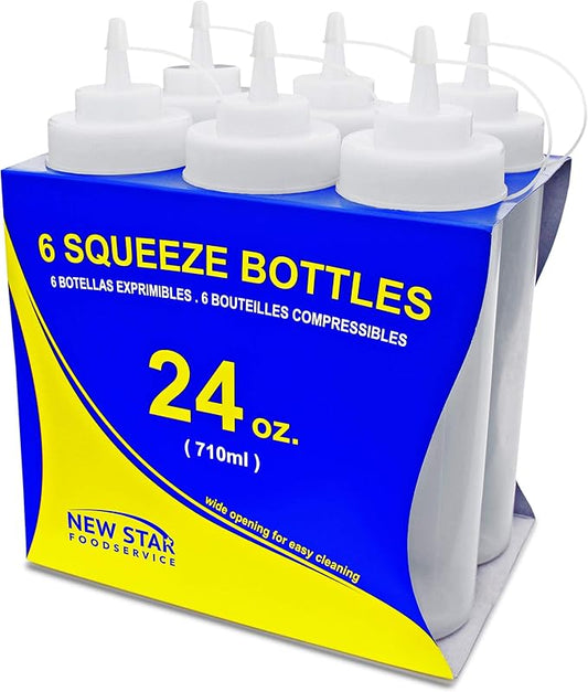 New Star Foodservice 26238 Squeeze Bottles, Plastic, Wide Mouth, 24 oz, Clear, Pack of 6