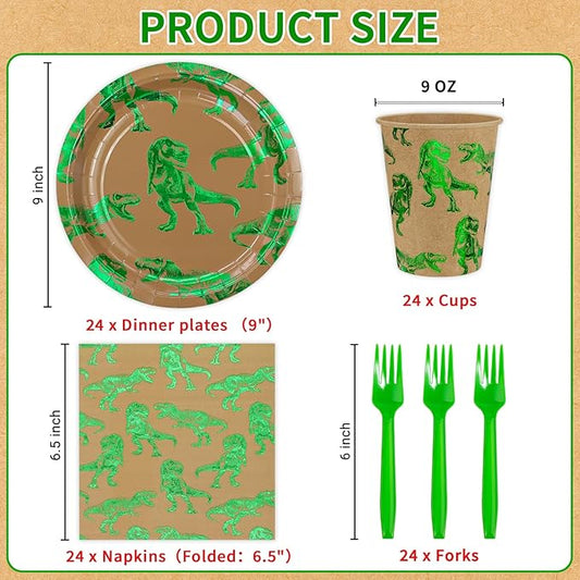 DYLIVeS Green Foil Dinosaur Birthday Party Decorations, Rawr Dinosaur Disposable Tableware Set with 9'' Dinner Plates, Napkins, Cups, Forks - Serves 24