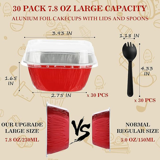 30PCS Mini Cake Tins With Lids - 7.8OZ Aluminum Foil Baking Cups for Individual Cakes, Bundt Pans for Baking Party, Red
