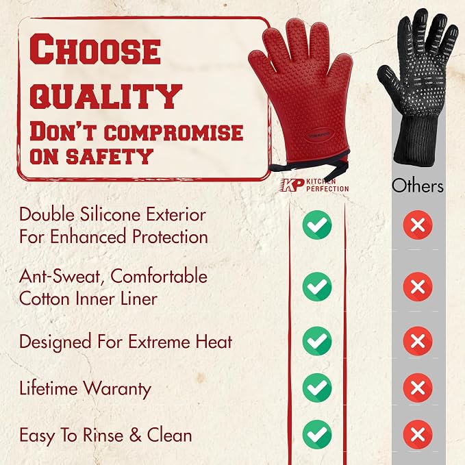 KITCHEN PERFECTION XL Silicone Griddle Gloves - Heat Resistant Oven Mitts | Waterproof, 5-Finger Design For A Better Grip, Best Griddle Grilling Accessories, Compatible with Blackstone, Weber & More