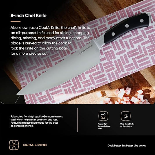DURA LIVING 8-Inch Chef Knife – Ultra-Sharp German High Carbon Stainless Steel, Full Tang, Ergonomic Handle, Multipurpose Kitchen Knife for Chopping, Slicing, and Dicing, Black
