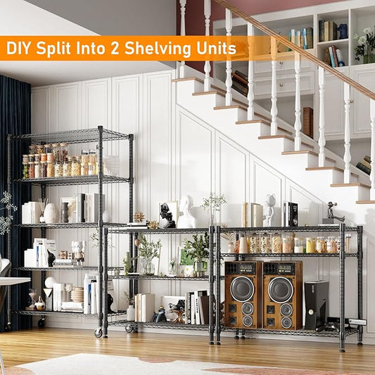 Himimi 5-Tier Heavy Duty Steel Wire Rack Storage Shelving, Adjustable Metal Storage Shelves with Wheels, 82''H Wire Shelf for Kitchen Garage Basement Pantry Organization, 18" D×36" W×82" H-Black