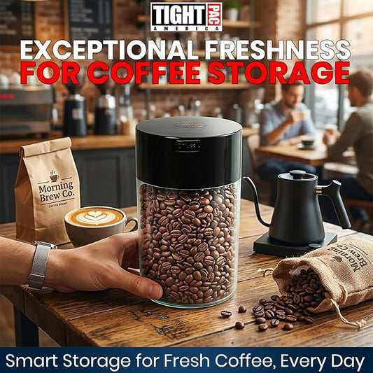 COFFEEVAC 1 LB Airtight Coffee Bean Storage Container, Patented Vacuum Seal, Coffee Grounds Container, 1.85L, Smell Proof, Black Cap and Clear Body