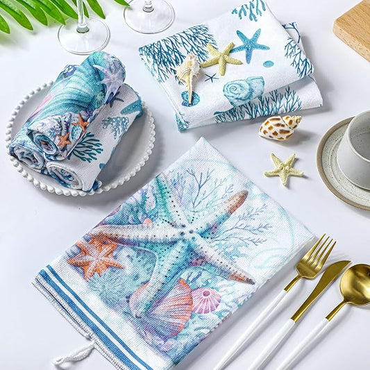Boyiee Set of 6 Beach Kitchen Towels Coastal Ocean Dish Towels Sea Nautical Tea Towels Absorbent 24 x 16 Inches Shell Coral Starfish Hand Towels Summer Gifts for Farmhouse Kitchen Bathroom Decorations