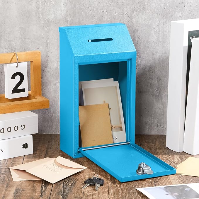 Yaocom Metal Money Box,Light Blue,10.24 x 5.71 x 2.95 Inch,No Lid | Wall Mounted Drop Donation Cash Box for Farm Stand Collection Safe Suggestion Box with Lock Container for Home Office Outdoor