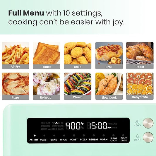VAL CUCINA Retro Style Infrared Heating Air Fryer Toaster Oven, Extra Large Countertop Convection Oven 10-in-1 Combo, 6-Slice Toast, Enamel Baking Pan Easy Clean with Recipe Book, Green Color