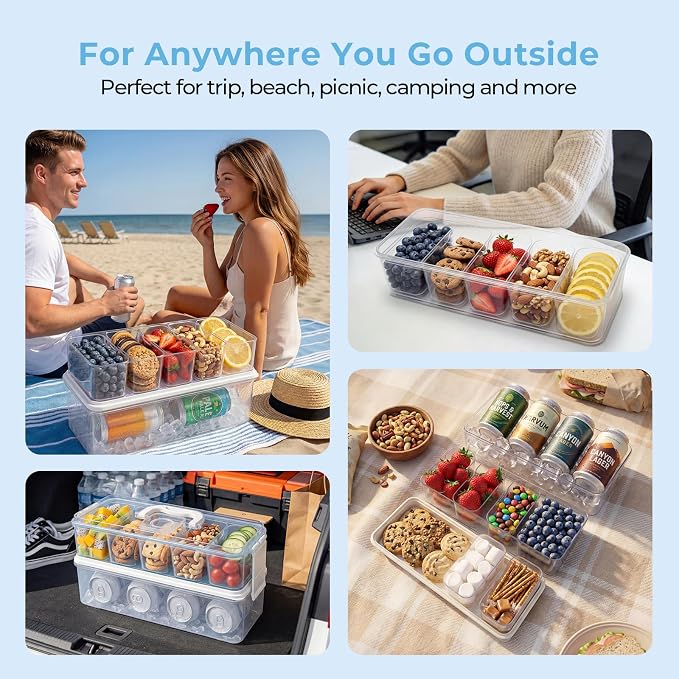 Homelove Snackle Box Container with 2 Plastic Ice Packs, Snack Organizer Divided Serving Tray with Lid and Handle, Double-layer Tray and 5-Compartment Snack Platter for Travel Party Beach Picnic