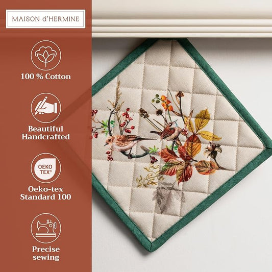 Maison d' Hermine Pot Holders 100% Cotton Potholders (8" x 8", Pack of 1) | Heat Resistant Hot Pads with Loop BBQ Cooking Baking Hotel Kitchen Handling Hot Pans Thanksgiving Christmas - Recolte