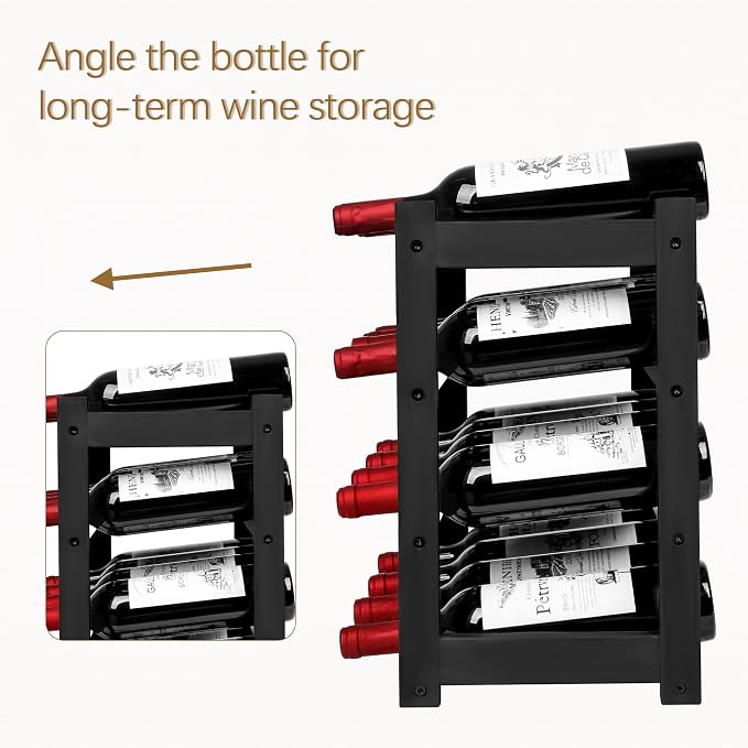 VASMIA Wine Rack, 4-Tier Bamboo Wine Racks Countertop,Sturdy and Durable Wine Storage Cabinet Shelf,16 Bottles Wine Holder for Kitchen Pantry, Black