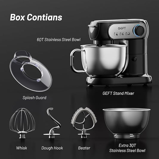 Stand Mixer, 3.5QT+6QT Two Bowls Kitchen Electric Mixer, 600W 6+P speed Tilt-Head Food Mixer with Stainless Steel Bowl, Dishwasher-Safe Dough Hook, Flat Beater, Wire Whisk, Splash Guard, Black