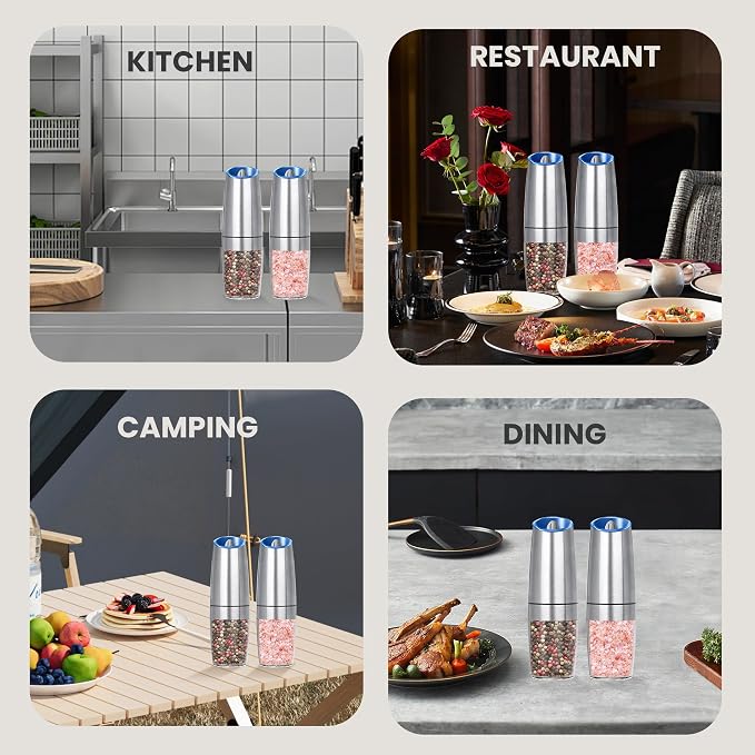 Battery Operated Salt And Pepper Grinder Set with LED Light, Automatic Electric Gravity Salt And Pepper Shakers Set, Each 6 AAA Batteries Needed, Adjustable Roughness, 2 Pack (Silver)