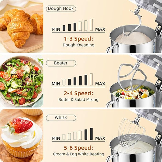 Dough Mixer 8.45 QT Electric Mixer - 660W 6 Speed Large Capacity Kitchen Stand Mixer with Whisk Dough Hook Mixing Beater Household Food Mixer for Baking Cakes Cookie Bread Salad (Silver)