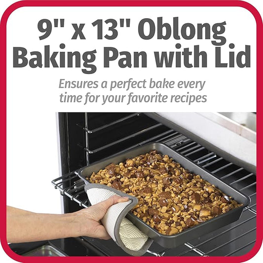 GoodCook Everyday Baking Pan with Metal Lid Nonstick Warp-Resistant Heavy-Gauge Steel Construction Even-Heating Oblong Cake Pan with Solid Oven-Safe Cover, 9x13-Inch, Gray