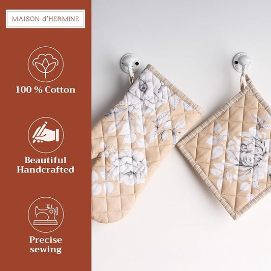 Maison d' Hermine 100% Cotton Oven Mitt & Pot Holder Set (7.5"x13" & 8"x8") | Heat Resistant BBQ Cooking Gloves with Loop Baking Grilling Kitchen Home Farmhouse Thanksgiving Christmas - Pretty Autumn