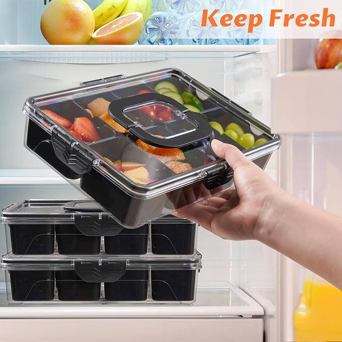 Snackle Box Container Dishwasher Safe Divided Serving Tray with Lid Handle | Charcuterie Board for Portable Snack Platters, Organizer for Fruits Snacks, Perfect for Road Travel - Black
