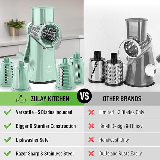 Zulay Kitchen Rotary Cheese Grater 5 Blade Cheese Shredder - Manual Hand Crank Cheese Grater With Reinforced Suction & 5 Interchangeable Drums - Easy to Use, Vegetable Chopper Round Mandoline Slicer