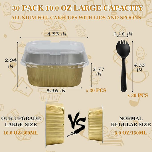 Cupcake Liners with Lids, 30pcs 10oz Mini Cake Pans With Lids Disposable Aluminum Foil Creme Brulee Ramekins Cake Cups Aluminum Pans With Lids Baking Cups, Gold, HG01AP300GDX30