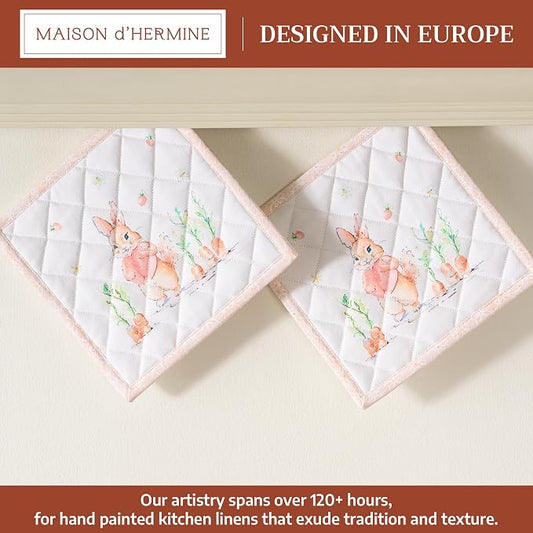 Maison d' Hermine Pot Holders 100% Cotton Potholders (8" x 8", Pack of 2) | Heat Resistant Hot Pads with Loop BBQ Cooking Baking Farmhouse Kitchen Handling Hot Pans Spring Summer - Bunny Party