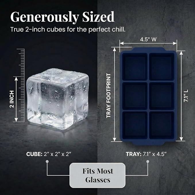 KitchFort® Large Silicone Ice Cube Tray (2-Pack), Easy Release 2" Big Ice Cubes - Cocktail, Whiskey Ice Cubes Mold - Ice Trays for Freezer with Lid - Stackable Silicone Ice Tray - Navy Blue