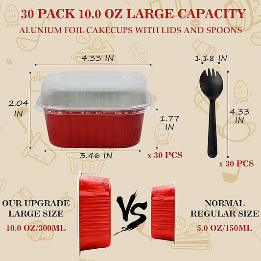 Baking Cups With Lids, BAKINGPAK 30PCS 10oz Square Mini Cake Pans With Lids Disposable Cupcake Containers Individual Cake Pans with Lids Mini Aluminum Pans with Lids for Children Party Birthday, Red