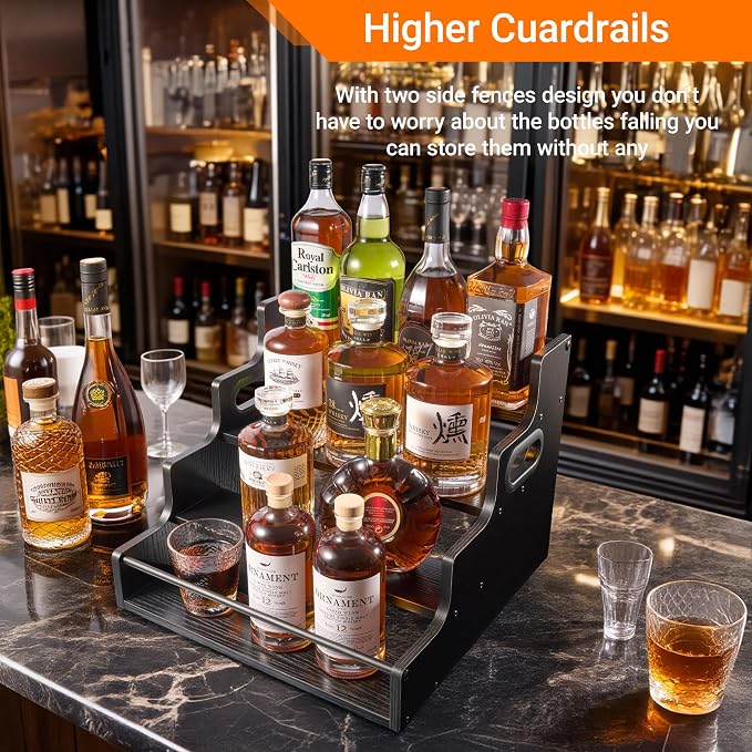 YQBRAO 2 Pack 4-Tier Liquor Bottle Display Shelf, 16-Inch Wooden Bar Shelves for Liquor Bottles, Countertop Whiskey Shelf and Bourbon Shelf Organizer for Home Bar, Kitchen(Black)