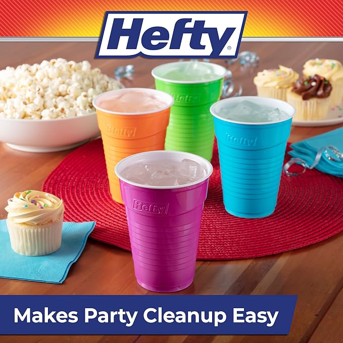 Hefty Party On Disposable Plastic Cups, Assorted, 16 Ounce, 100 Count | Bulk Pack, Disposable Plastic Cups for Parties, 4 Fun Colors, Easy-to-Grip Design, Ideal for Large Tailgates, BBQs, Birthdays