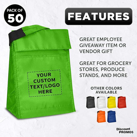 DISCOUNT PROMOS 50 Hook and Loop Insulated Lunch Bags Set - Customizable Text, Logo - Polyester, Durable, Vibrant, Reusable - Green