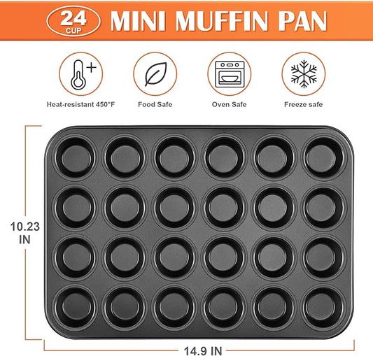 E-far Mini Muffin Pan 24-Cup - Nonstick Carbon Steel Cupcake Tin Tray for Little Bites & Freezer Prep | Warp-Free Bakeware Ensures Even Baking & Effortless Release, Regular Size & Oven Safe