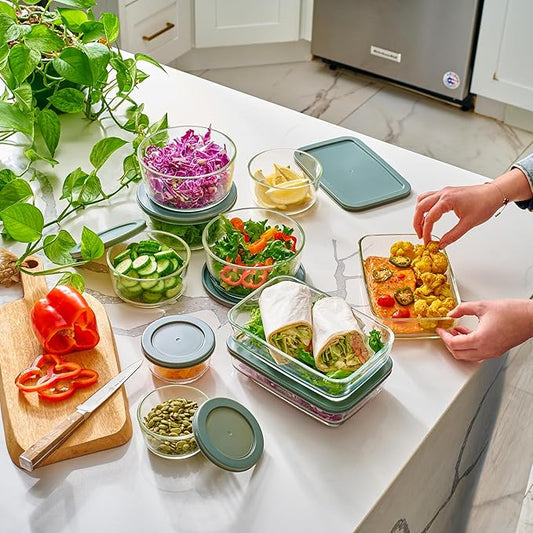 24pc Set Glass Food Storage Containers & Bowls with Airtight Lids - Leakproof BPA-Free Meal Prep Airtight Stackable Lunch Boxes, Kitchen Pantry & Storage Organizers - Microwave Freezer Dishwasher Safe