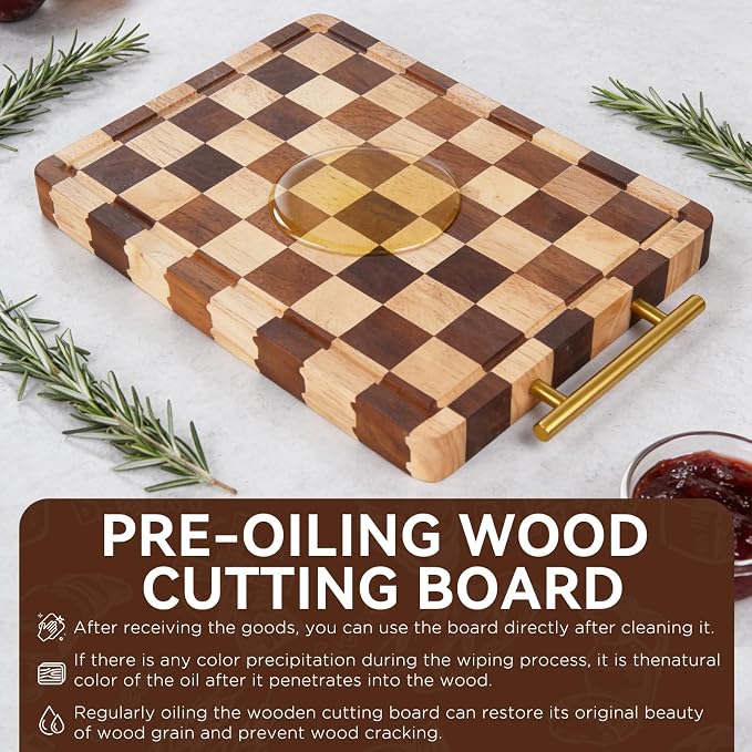 Checkered Cutting Board for Kitchen – 13.7"x9.8"x1.18" Rubber Wood Butcher Block with Juice Groove & Steel Handle, Heavy Duty Non-Slip Chopping Board for Charcuterie, Housewarming Gift