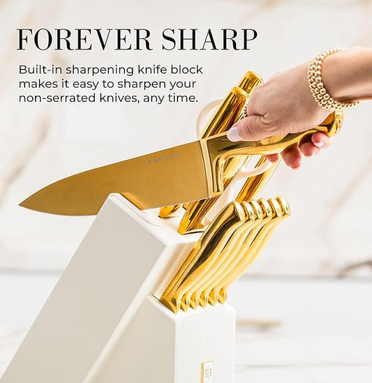STYLED SETTINGS White and Gold Knife Set with Block – 14-PC Full Tang Titanium-Coated Stainless Steel Gold Knives and White Knife Block with Built-In Sharpener – Luxury Kitchen Accessories